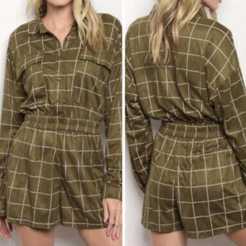 Le Lis Olive Green Plaid Romper, Button Front, Long Sleeves